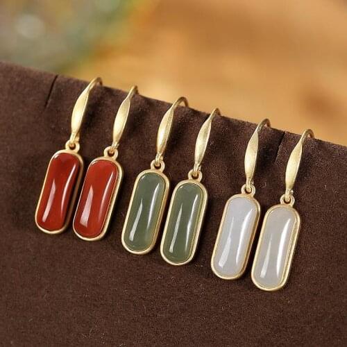 Original S925 pure silver gold nan red agate and Tian Yu simple temperament natural jade fashion ladies earring earrings earrin