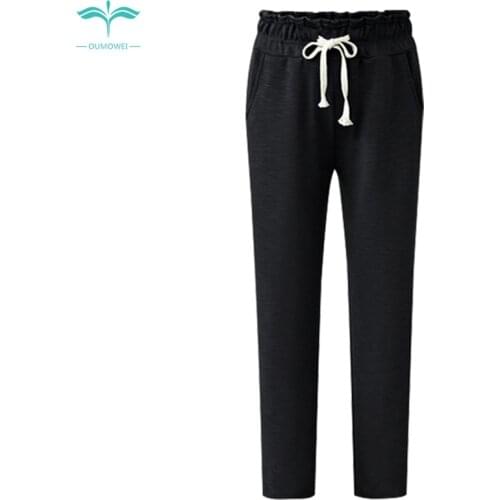 OUMOWEI Womens Trousers High Quality New Harem Pants Solid Color High Waist Loose Casual Trousers Fashion Wild Pencil Pant