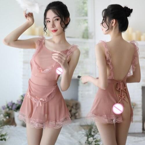 2020 New Arrival Hot Sale Sexy lingerie Fairy Peach Girl Cute Chiffon O-neck perspective Nightdress Underwear Pink Sleepwear Set