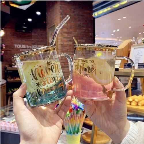Star Glass Water Cup With Straw Fresh Korean Style Gradient Color With Spoon Office Coffee Milk Cups For Drinking Water Bottle