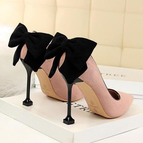 Korean Style Womens Pumps Flock High Heel Shoes For Women Pointed Toe Stiletto Butterfly-knot Pumps Shoes Ladies Wedding Shoes