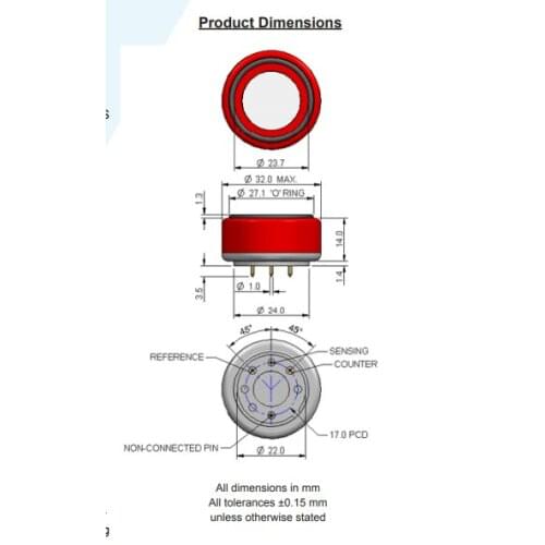 Carbon Monoxide (CO) Gas Sensor Part Number: AB710-40V 3-electrode electrochemica