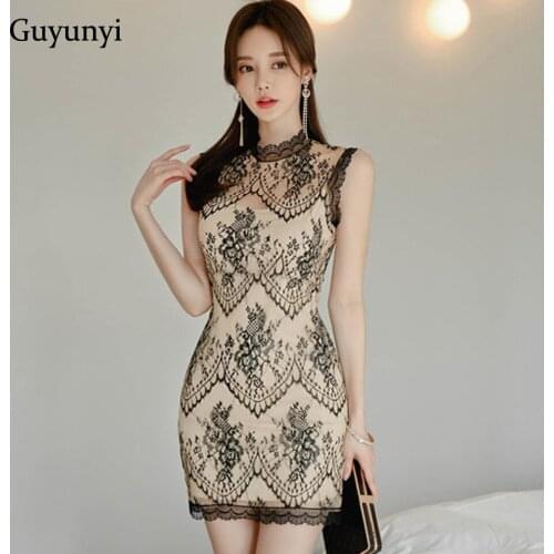 Vintage Sexy Nightclub Dress 2021 Summer High Waist Slim Stand Neck Lace Sleeveless Fashion Elegant Party Women Mini Dress