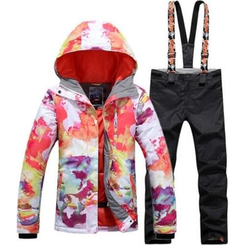 Waterproof Ski Suit For Women Female Skiwear White Jacket And Multicolor Suspender Pants Riding Climbing Skateboarding Set