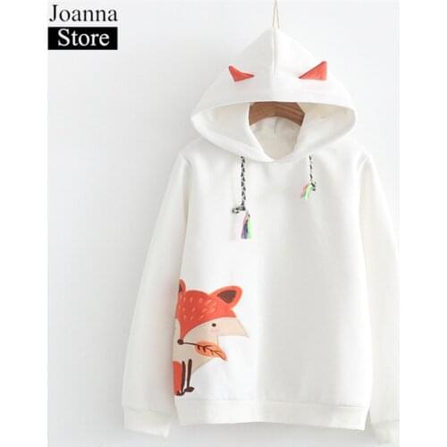 Winter New Women Harajuku Cartoon Fox Ear Embroidery Hoodie Plush Lining Warm Short Hoodie Ladies Casual White Kawaii Sweatshirt