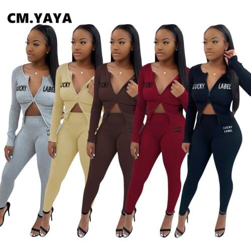 CM.YAYA Sweatsuit Knitted Lucky Label Embroidery Womens Set Zipper Tops Legging Pants Set Active Tracksuit Two Piece Outfits