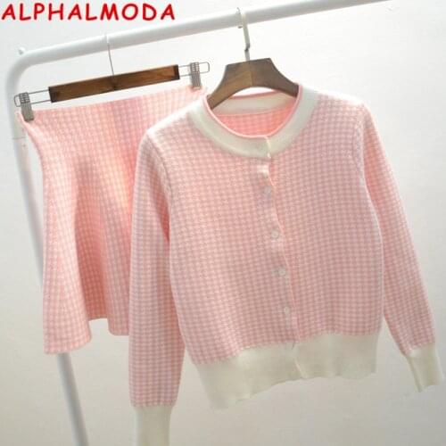 ALPHALMODA 2021 Spring New Plaids Cardigan A-line Mini Skirt Women 2pcs Fashion Knitting Suits Pink Black Elegant OL 2pcs Set