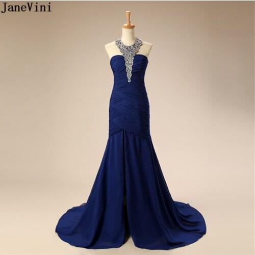 JaneVini 2019 Sexy Royal Blue Long Bridesmaid Dresses Sweep Train Halter Crystal Beads Backless A Line Chiffon Formal Prom Gowns
