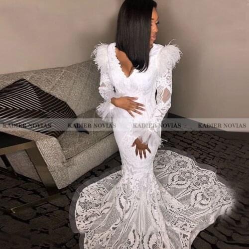 Long Sleeves V Neck Black Girl African Mermaid Prom Dress 2021 with Feather Robe de Soiree Elegant Prom Dresses