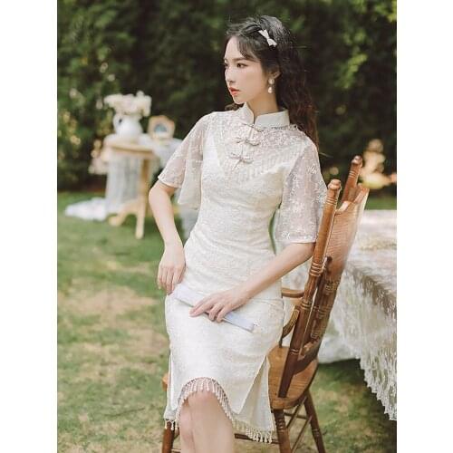 2021 Summer New Womens Noble Temperament Was Thin Trumpet Sleeve Mid-Length Dress Retro Pearl Tassel Wedding Party Lace Dress