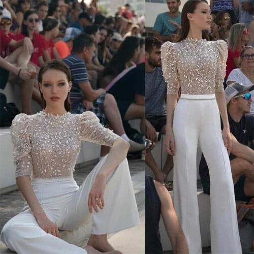 2021 Modern Illusion Top Prom Dresses Lace Appliqued Jewel Neck Women Pant Suits Evening Gowns Runway Fashion