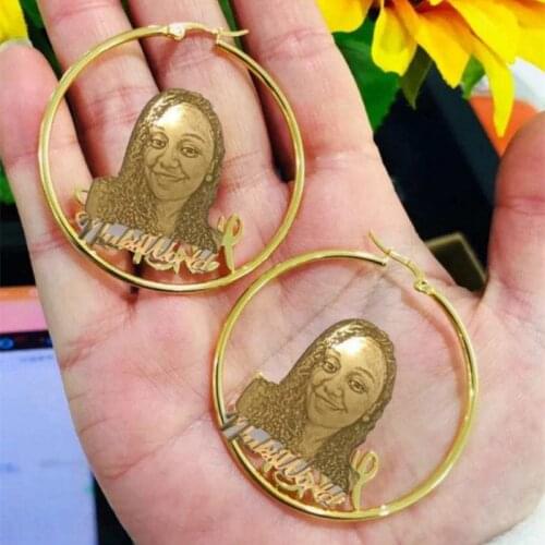 2021 New Kids Picture Necklace Earrings Women Men Gold Plated Stainless Steel Family Jewelry Custom Name Photo Necklace Earrings