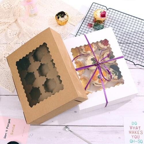 6pcs Kraft Paper Boxes Cupcake Box with Window 12 Hole Cookie Packaging Box Birthday Dessert Decoration Festival Party Supplies