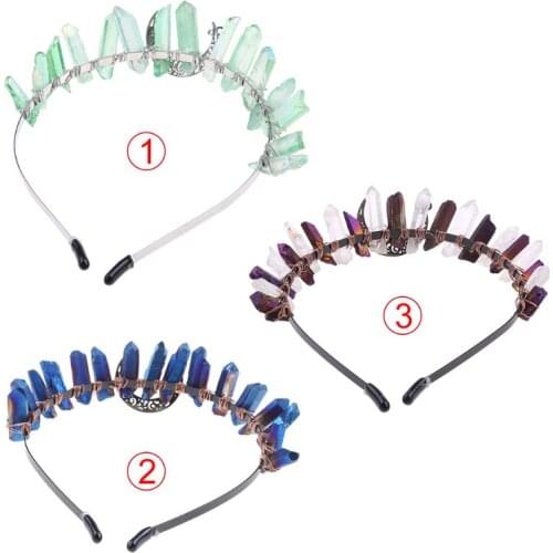 Boho Vintage Witch Tiara Contrast Color Faux Raw Crystal Headband Crown Bridal Weding Angel Aura Alloy Moon Hair Hoop