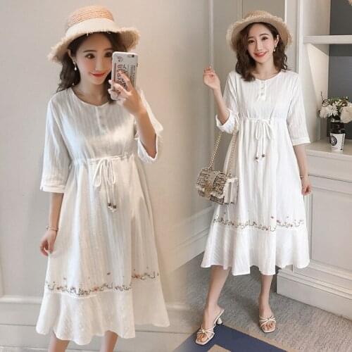 Embroidery Cotton Maternity Long Dress Summer Fashion Slim Waist Clothes for Pregnant Women Elegant Slim Pregnancy Clothing