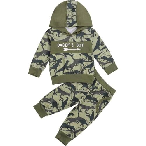 FOCUSNORM 0-3Y Autumn Baby Boys Clothes Sets 2pcs Letter Dinosaur Printed Long Sleeve Hooded Tops Pants