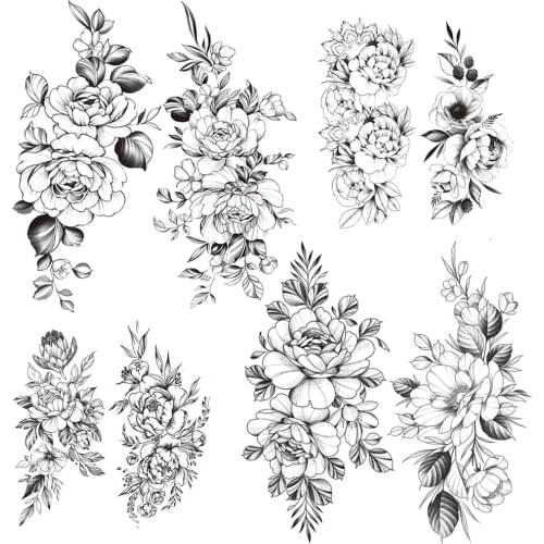 Bloosom Peony Temporary Tattoo For Women Sexy Camellia Flowers Fake Tattoos Black Sweatpea Daisy Waterproof Tatoos Body Art Arm