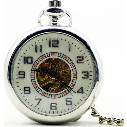 Classic Silver Mechanical Pocket Watch with Chain Men Women Flip Pocket Watches 10pcs/lot