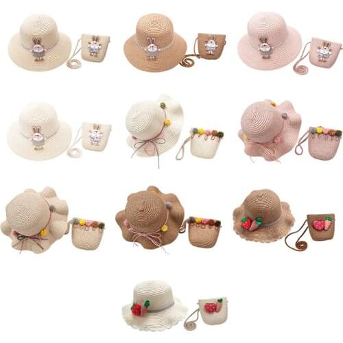 Summer Kids Girl Straw Sun Hat with Portable Handbag Sunscreen Cartoon Beach Cap A69C