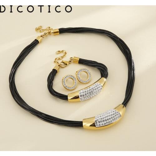 Multi-Layer Leather Rope Necklaces Bracelets Earrings Sets Fashion Wedding Choker Stainless Steel Rhinestone Jewelry For Women