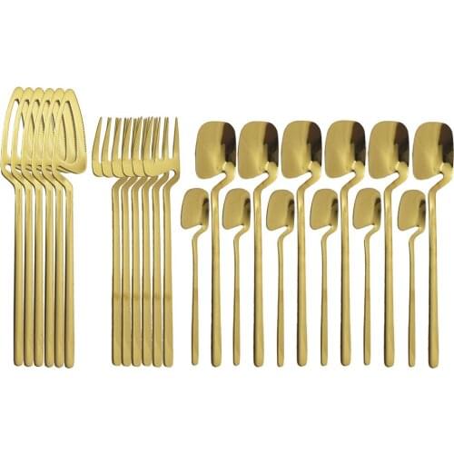 24Pcs Gold Cutlery Set Decor Knife Spoon Fork Dinnerware Set Shiny Tableware Kitchen Flatware Ice Cream Desserts Soup Coffee Use