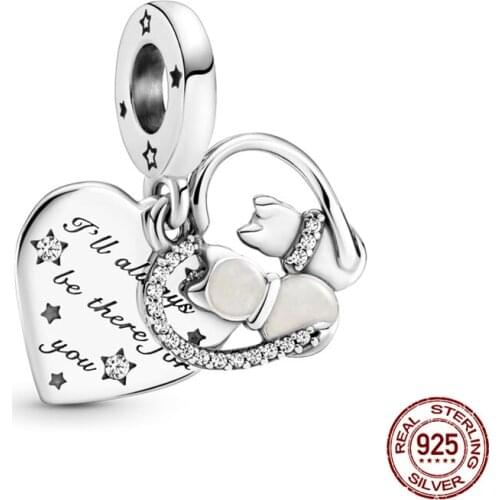 Genuine 925 Sterling Silver Double Love Heart Pendant Fit Original 3mm Bracelet&Bangle Making Fashion DIY Jewelry For Women