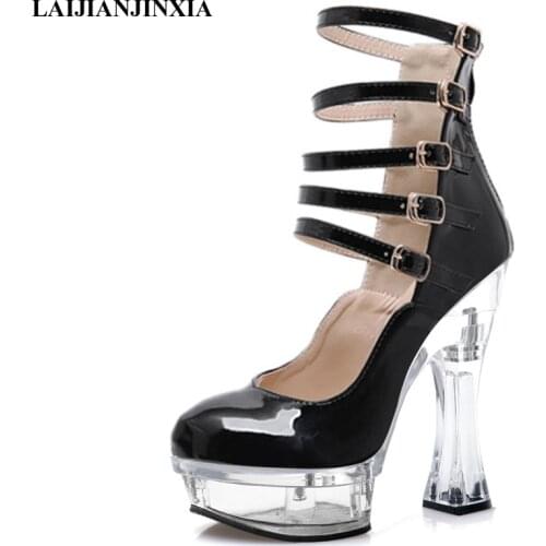 LAIJIANJINXIA New New Buckle Strap Fashion Women Boots 14 CM Super High Heeled Boots Thick Platform Nightclub Pole Dance Shoes