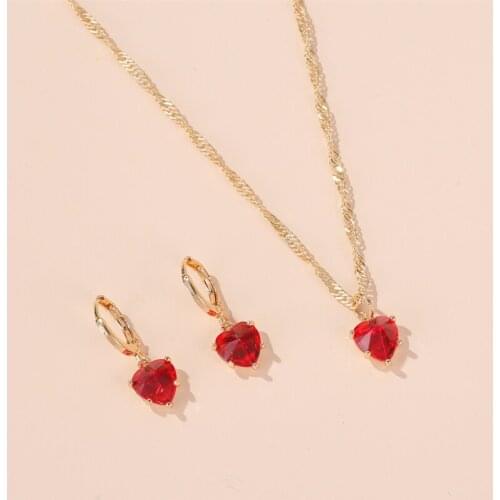 Simple Copper Red Heart Zircon Wedding Dinner Party Red Necklace Drop Earrings Dangle Earrings Jewelry Sets for Women