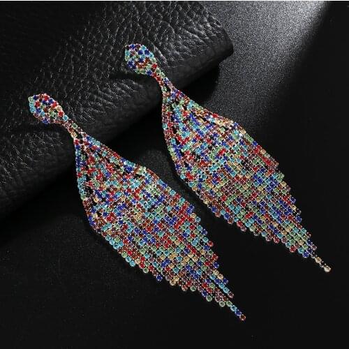 Multi Crystal Tassel Drop Earrings For Woman Luxury Rhinestone Long Wedding Dangle Earring Female Party Bohemia Jewelry E648