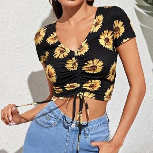 TIESOME Crop Top Women T-Shirt Streetwear Flower Print Short Sleeves Drawstring Ruched Summer Tops For Women 2021 t-Shirt Female