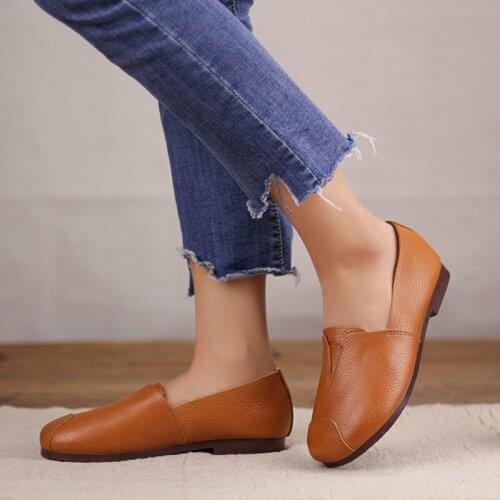 Women Flats Autumn Woman Loafers Genuine Leather Female Shoes Slip On Round Toe soft Retro Comfortable Casual womens shoes 2020