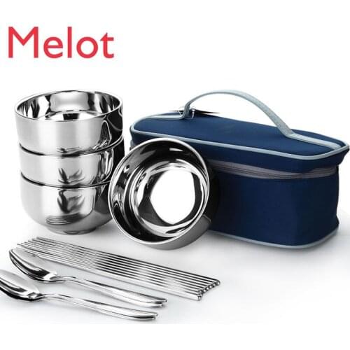 High-Grade Portable Chopsticks Spoon Soup Bowl Stainless Steel Tableware Set Creative Portable Plastic Cutlery Set with Napkin