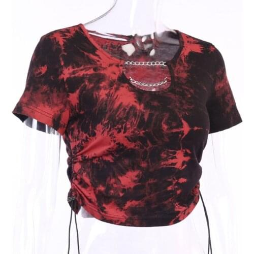 Women Gothic Punk Short Sleeve T-Shirt Contrast Color Tie-Dye Printed Crop Top Metal Chain Side Drawstring Slim Summer Streetwe