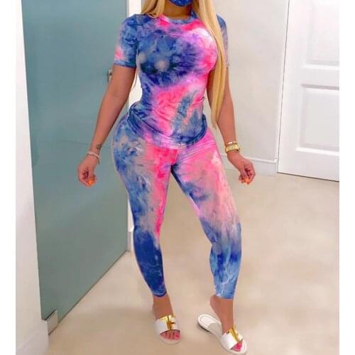 Women Summer Clothes Tie-Dye Two Piece Set Casual Sportswear Slim Outfit for Women Sweat Suit Short Sleeve Top and Shorts Set