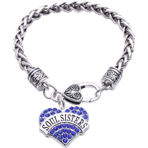 Female Charm Bracelet Heart Pendant Wheat Link Chain SOUL SISTER Written With Sparkling Crystals Zinc Alloy Provide Dropshipping