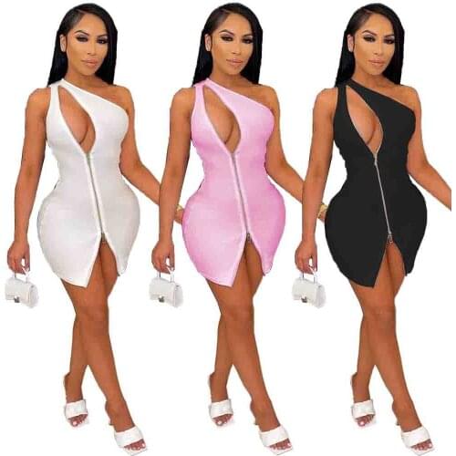 Sexy Hollow Out Zipper Slit Hem Mini Dress for Women 2021 Elegant Off One Shoulder Bodycon Club Party Dress Women Clothing Robe