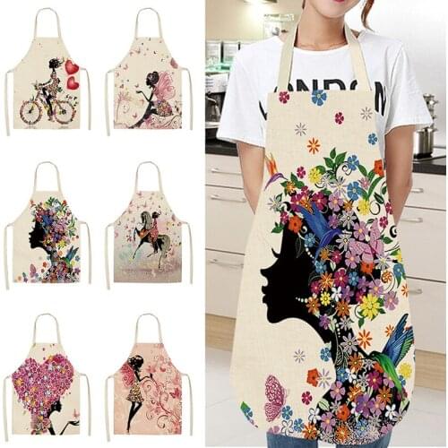 1Pcs Cotton Linen Flower Butterfly Girl Printed Kitchen Aprons for Women Home Cooking Baking Waist Bib Pinafore 53*65cm