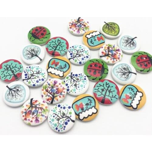 100pcs 20mm Mixed Tree and Ladybugs Wood Buttons Round 2-Hole Wooden Sewing Button Cartoon For Scrapbooking Cardmaking