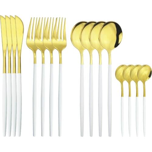 16Pcs White Gold Cutlery Set Stainless Steel Dinnerware Set Knife Fork Dessert Spoons Tableware Set Party Kitchen Silverware Set