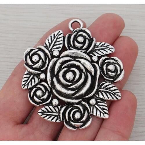 3 x Tibetan Silver Large Round Rose Flower Charms Pendants for Necklace Jewelry Making Findings 62x54mm
