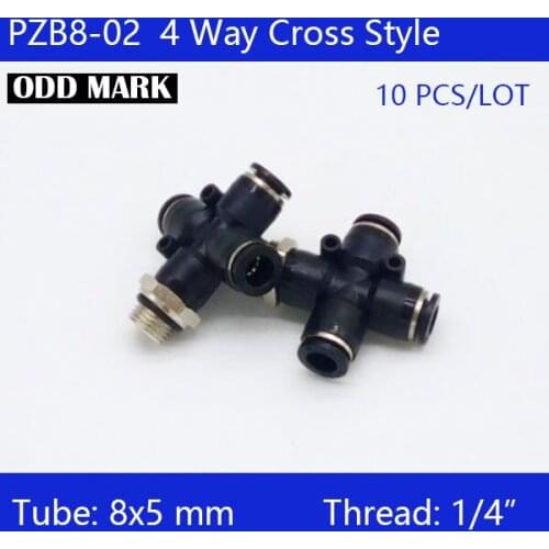 Free shipping 10Pcs PZB8-02, Tube 8mm to Thread 1/4", 4 Way Cross Style Pneumatic Tube Push in Quick Fittings
