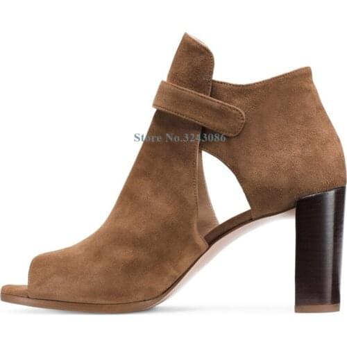 Brown Faux Suede Thick Heel Sandals Boots Black Faux Sheepskin Ankle Buckle Strap High Heels Sandals Casual Peep Toe Lady Shoe