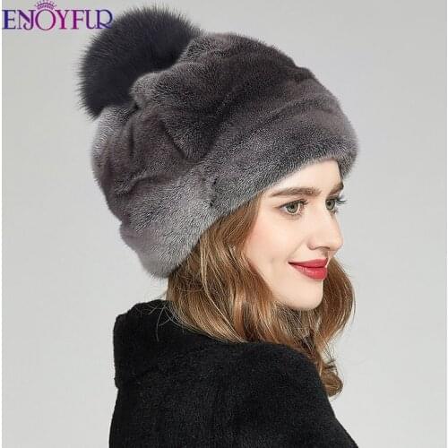 ENJOYFUR Fashion Women Winter Natural Mink Fur Hats Hand-sewn Folds Pattern Bucket Cap With Fur Pompom Warm Female Casual Beanie
