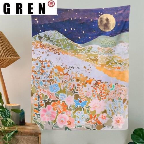 GREN Tapestry Moon Star Flower Landscape Wall Hanging Covering Rug Background Cloth Beach Mat Blanket Art Bedroom Dorm Home Deco