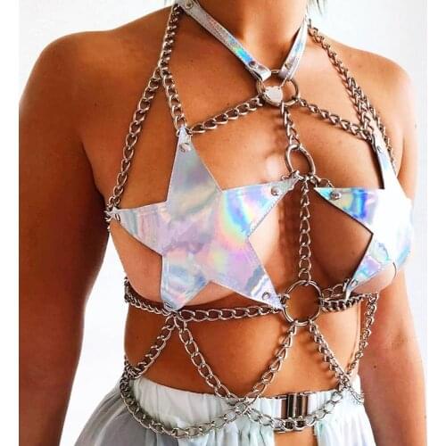 Holographic Body Harness Sexy Hollow Out Metal Chain Star Pattern Tops Summer Night Party Carnival Multilayer Clothes For Lady
