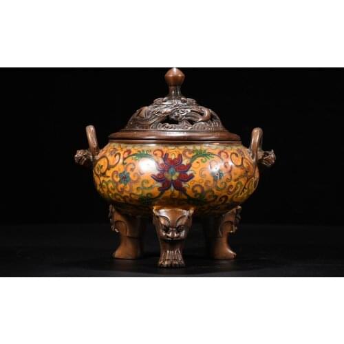 8"Tibet Temple Collection Old Bronze Cloisonne Enamel Dragon statue Animal head and ears Three-legged incense burner Town House