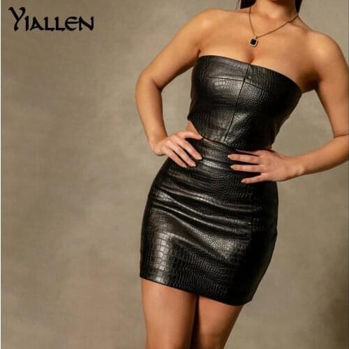 Yiallen Faux Leather Two Piece Outfits Bodycon Sexy Strapless Crop Top And Mini Skirt Women Club Party Matching Set 2021 Gift
