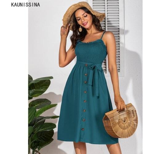Summer Dresses Women Spaghetti Strap Sleeveless Sashes Knee-Length A-Line Dress Female Casual Sexy Beach Sundresses