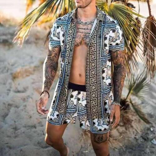 2021 New Summer Thin Male Hawaii Set Mens Fashion Floral Casual Beach Set Lapel Button Button Shirt + Shorts 2-piece Sets