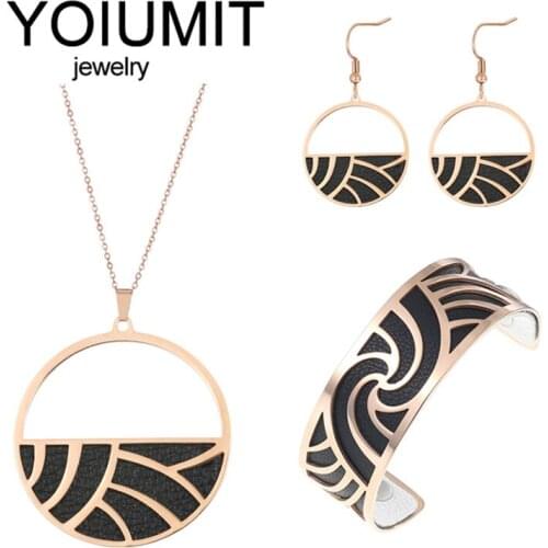 Yoiumit Cuff Interchangeable Leather Rose Gold Jewelry Set Womens Gothic Stainless Steel Necklace And Bracelet Earrings Set Wom